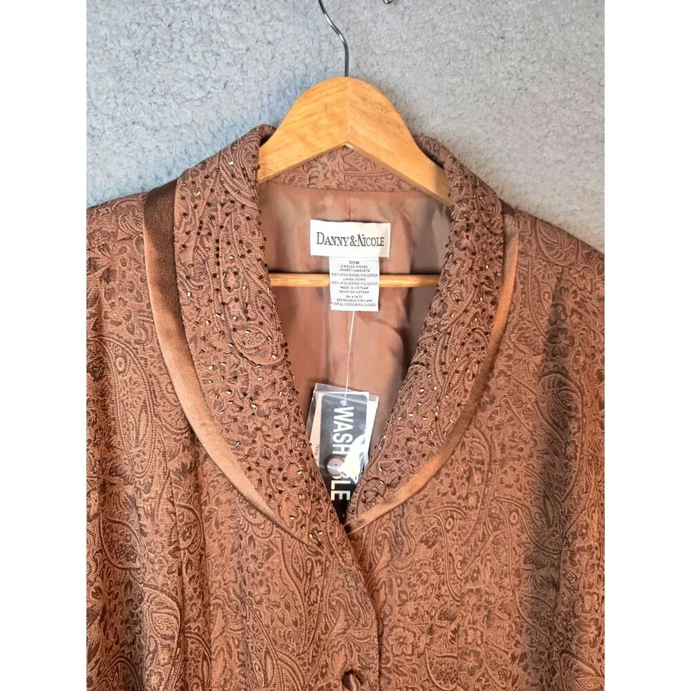 Danny and Nicole Jacket 30W Brown Textured Print Clear Beaded Collar Lined